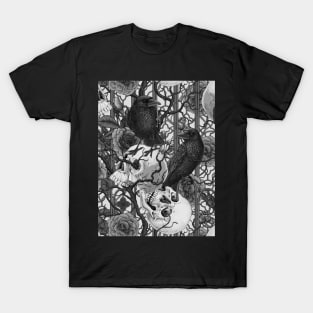 Raven's secret. Dark and moody gothic illustration with human skulls and roses, monocrome on white T-Shirt